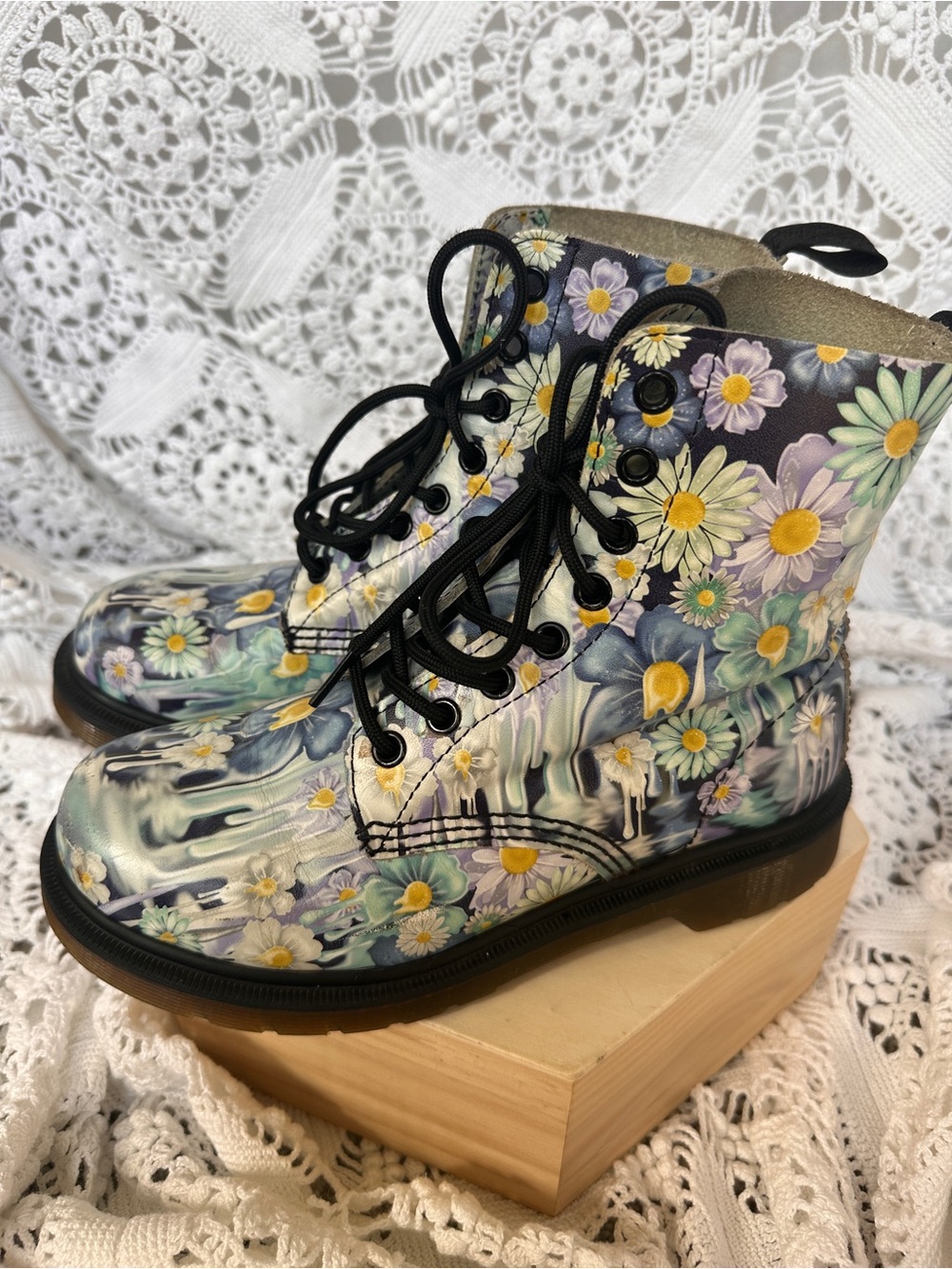 RARE COLLECTIBLE Dr. Martens 1460 Pascal Blue Slime Floral Paint Drip Boots Sz6 - Picture 4 of 16